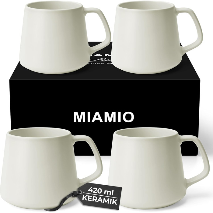 Набір кавових чашок MIAMIO Luxe Collection (4 шт., 420 мл) з кераміки - для кави, еспресо, чаю - сумісно з мікрохвильовою піччю та посудомийною машиною (білий)