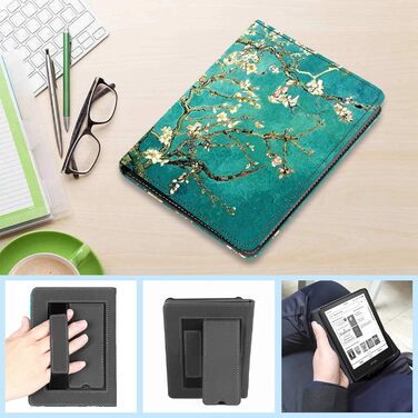 Чохол TOKILO для Kindle 6' eReader (11-те покоління 2024/2022), преміум шкіряний чохол з авто-ввімкненням/вимиканням, підставка, кишеня для карток, чорний (квіт Aprikosenblüte)