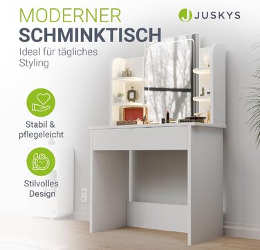 Туалетний столик Juskys Zoey з LED-підсвіткою, дзеркалом, шухлядою, 3 відділеннями та шафкою, 90x38x137 см, білий, дерев'яний косметичний стіл з LED-дзеркалом