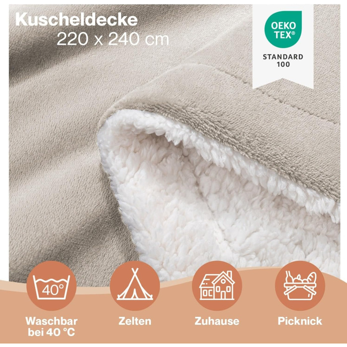 Плед Blumtal Premium Sherpa з м'якої шерсті, 230x270 см, сертифікат Oeko-Tex, теплий та пухнастий, для дивану, колір: Молочний (Taupe)