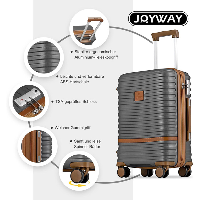 Набір валіз для подорожей Joyway, 6 предметів, жорстка оболонка, з косметичкою, 4 колеса та TSA-замком, сірий/коричневий