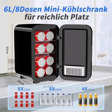 YASHE Mini Fridge - 6 Liter / 8 Can Portable Cooler - 220-240V AC/DC - Black - For Bedroom, Skincare, Drinks, Office, Dorm & Car
