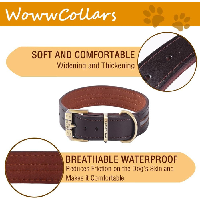 Шкіряний нашийник для собак з відбиваючим ефектом, регульований, м'який, з підкладкою, для маленьких, середніх та великих собак (Колір: Коричневий, Розмір L (46-56 см))