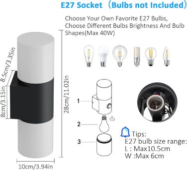 Klighten Wall Lights E27 Indoor/Outdoor 2-Light, Up and Down Outdoor Lamp Black, Outdoor Light Fixture, IP54 Outdoor Lamp, Aluminum Modern Outdoor Wall Light, Wall Lamp for Entrance, Terrace, without Bulb