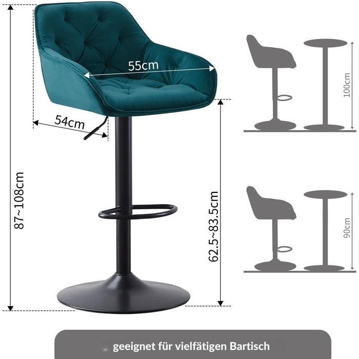 JaHECOME Adjustable Velvet Bar Stools (Set of 2) - Backrest, Kitchen Counter Height, Teal