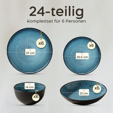 Набір посуду Twinzee Steingut 24 частини для 6 осіб: тарілки та миски, колекція Riviera Azur, з каменю, для мікрохвильової печі