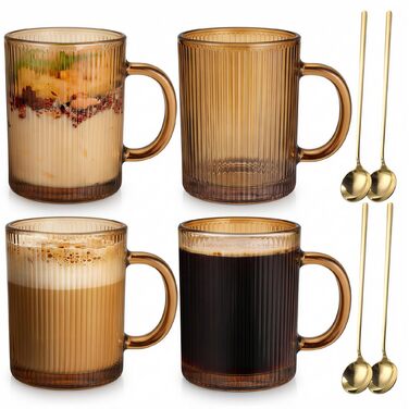 Набір з 4 чашок капучино 350мл, скляні, з рифленням, для лате/капучино/напоїв/кави/чаю - золоті