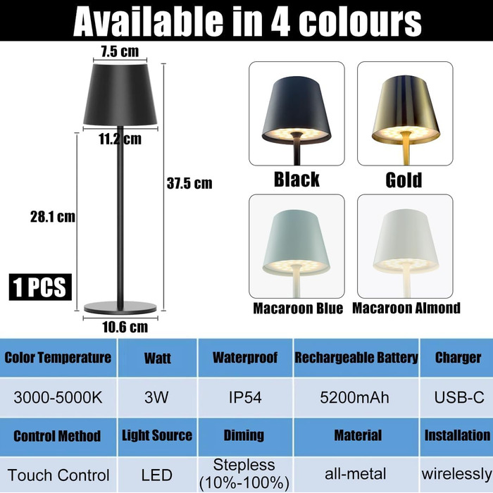 Акумуляторна настільна лампа Vollmetall з LED, 5000mAh, 2 шт. Зміна кольору світла, сенсорне регулювання яскравості, для їдальні, спальні, готелю, чорний/золотий