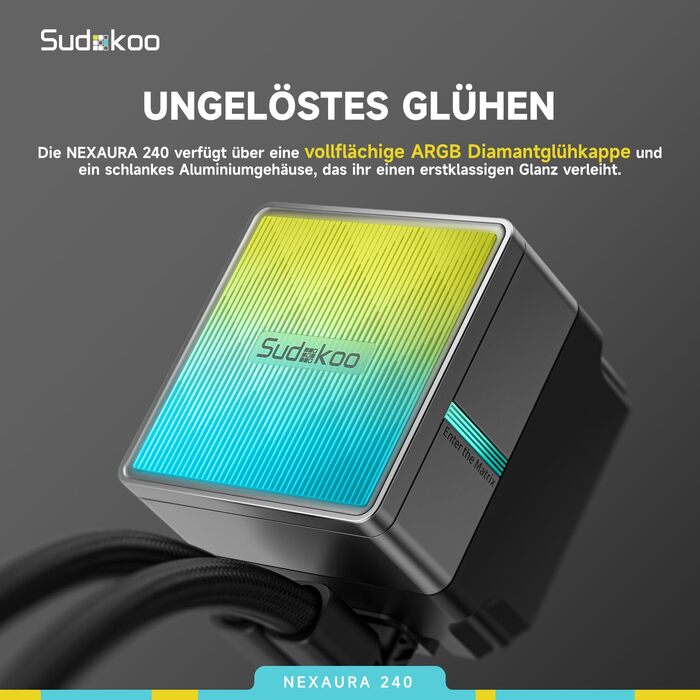 Система водяного охолодження CPU Sudokoo NEXAURA 240: AIO 360мм з 3 вентиляторами PWM, RGB, тиха насос 2500-3600 RPM, підтримка Intel LGA 1851/1700/1200/115X, AMD AM5/AM4, потужність до 300W