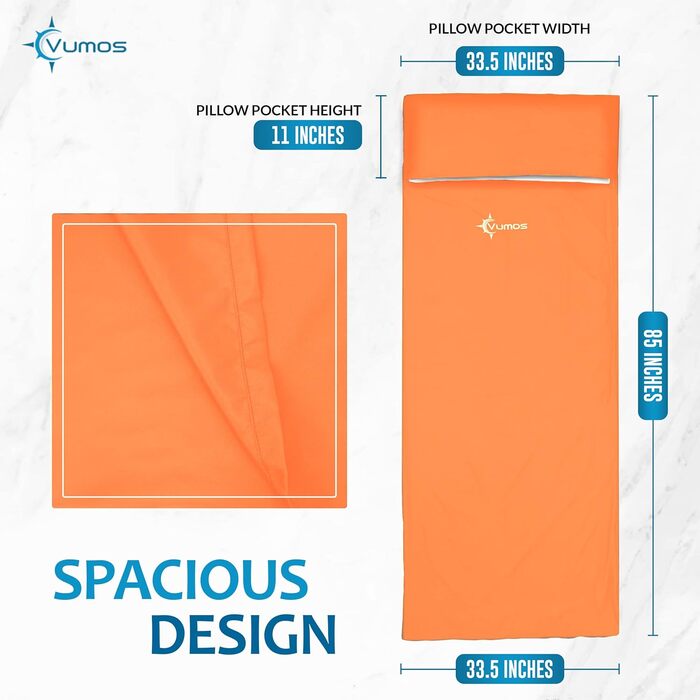 Vumos Sleeping Bag Liner and Camping Sheet - Silk-Like Material for Travel, Featuring a Full-Length Zipper