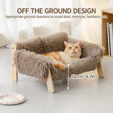 MEWOOFUN Elevated Cat Bed Sofa made of Wood, 56x45cm Sturdy Large Cat Sofa – Fashionable Cat Stool with Removable Mattress Cover. Holds up to 10 kg (Light Brown, 56x45cm)