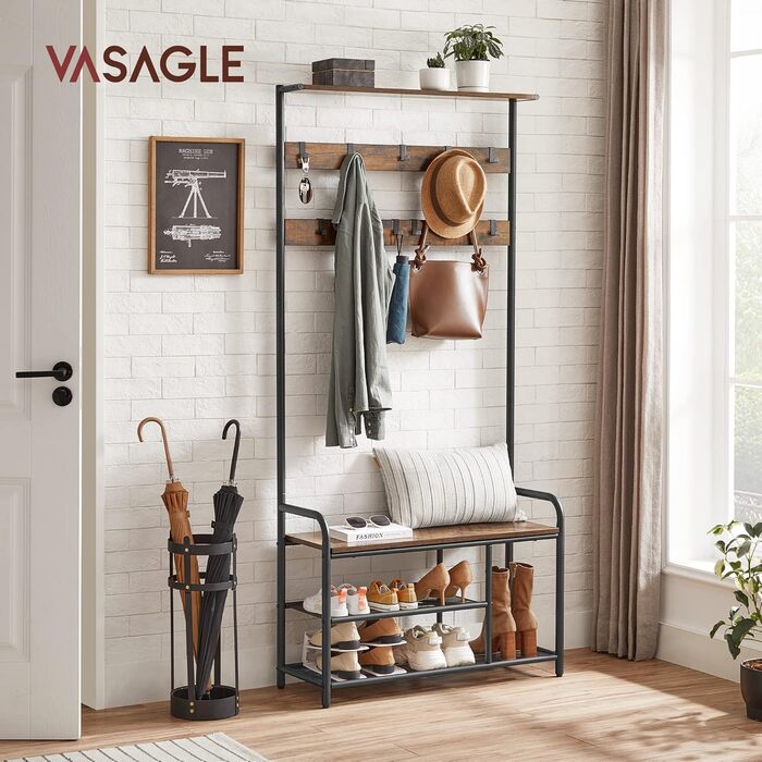 VASAGLE Coat Rack, Coat Stand, Clothes Rack with 9 Hooks, Shoe Bench, Shelf, 30 x 85 x 180.5 cm, for Entryway, Bedroom, Small Apartments, Industrial Design, Vintage Brown-Black HSR409B01