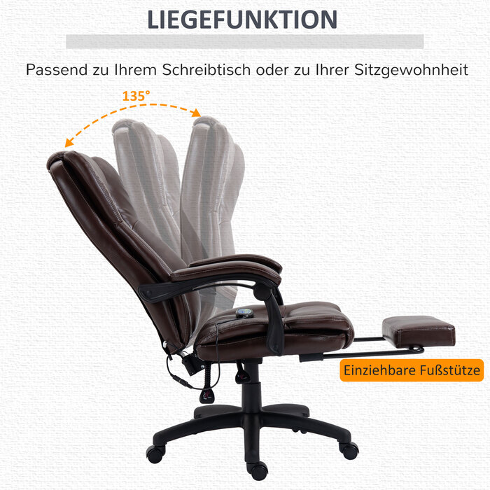 Vinsetto Adjustable Swivel Chair with Footrest, Headrest, Massage Function, Faux Leather, 68.5x68.5x113-121cm, Brown
