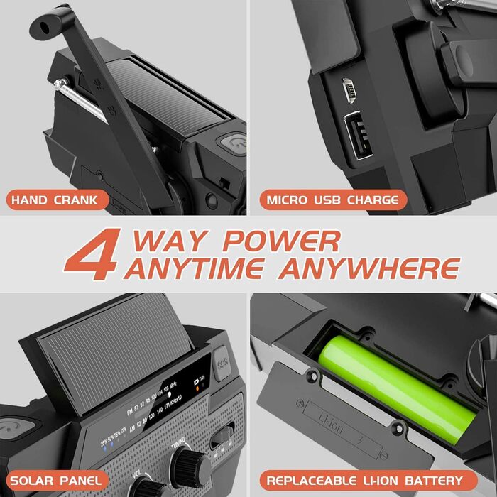 Сонячне радіо YIKANWEN AM/FM з ручкою, USB, акумулятор 4000mAh, для кемпінгу та подорожей (червоний, чорний)
