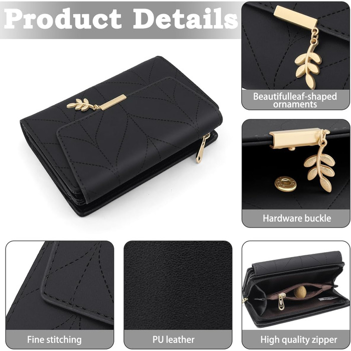 GOUNNU Wallet for Women PU Leather Women's Card Holder RFID Protection Women's Wallet Many Compartments Women's Short Wallet with 14 Card Slots and Coin Pocket Money Bag Women (Black)