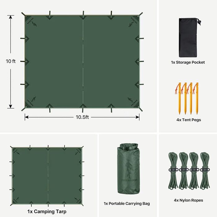 FREE SOLDIER 3x3.2m Waterproof Tarp - Ultralight Camping Shelter, UV Protection, Military Green