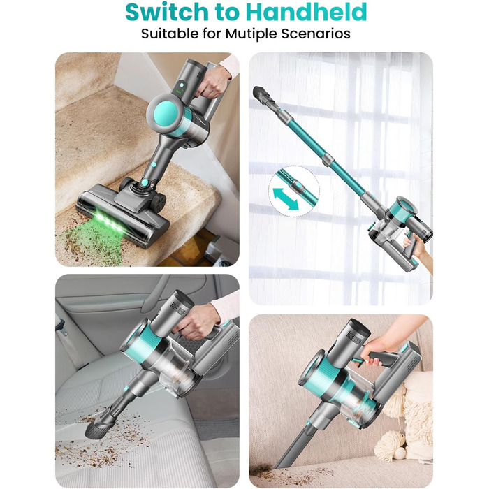 Бездротовий пилосос Dzaki 45000Pa з дисплеєм, антизаплутувальною насадкою та тривалою роботою для твердих поверхонь, килимів та шерсті тварин (блакитний)