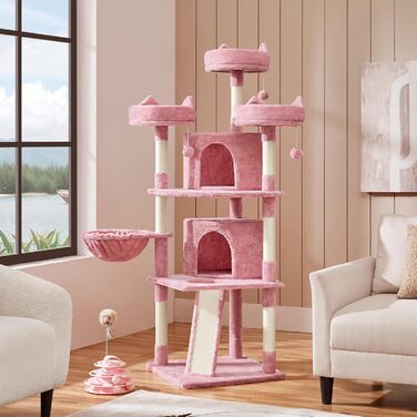 Кігтеточка-комплекс Yaheetech для котів 174 см з 3 платформами, ігровий будиночок, рожевий