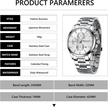 MEGALITH Чоловічий годинник з нержавіючої сталі, Хронограф, Водостійкий, Аналоговий годинник для чоловіків, Бізнес-дизайн, Календар, Світіння (B-silver)