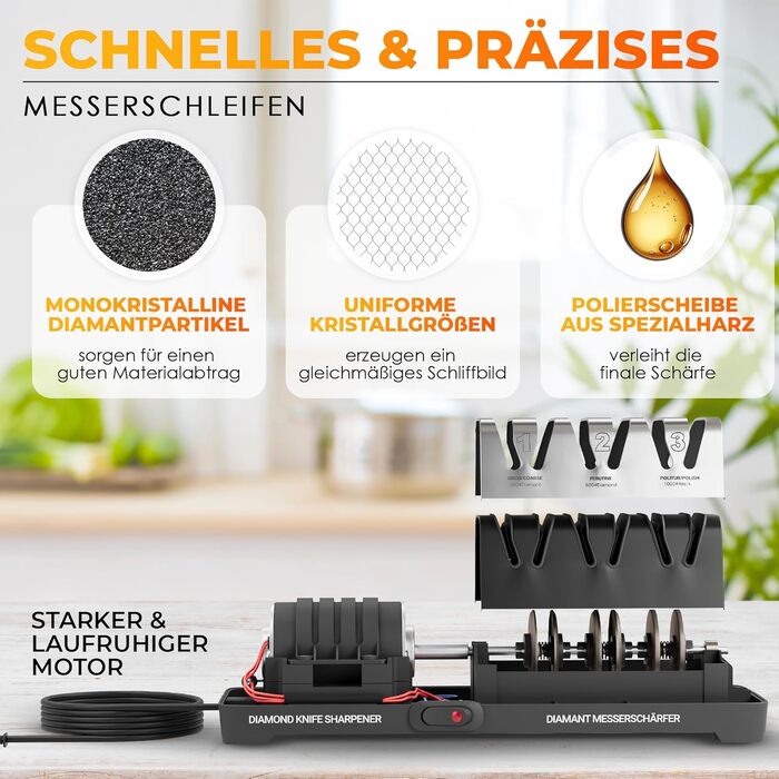Електричний точило для ножів Diamant TG2202 - 3 фази, 15 градусів, з магнітним збирачем стружки