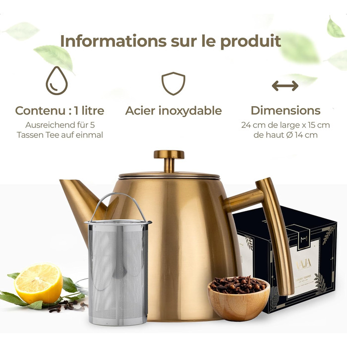 Teapot | Stainless Steel 1L | Teapot with Infuser | Stainless Steel Teapot | Stove for Teapot | Teapot with Stove | Tea Maker | Double-Walled (Gold)