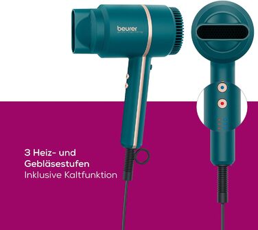 Фен Beurer HC 35 з іонізацією та насадкою для стайлінгу, 1600-2000 Вт, LED-дисплей, сумка, Petrol