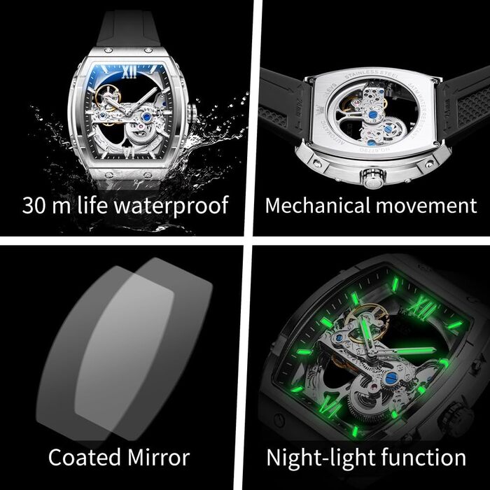 Чоловічий скелетон годинник OLEVS автоматичний, розкішний годинник зі сталевим браслетом, водонепроникний, з календарем та підсвіткою (Срібно-чорний)