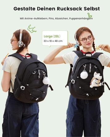 LOVEVOOK Рюкзак для підлітка, шкільний рюкзак для дівчинки 5 клас, рюкзак для дитини з нагрудною стрічкою, легка жіноча сумка, дитячий рюкзак LOVEVOOK від 8 років для школи, університету, дозвілля, 15.6' (Чорний, 17,3 дюйми)