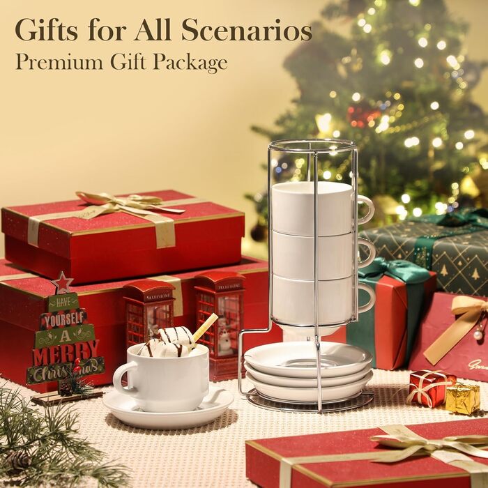 Набір чашок еспресо MALACASA 4 шт., 75 мл, з підставками та стійкою, 240 мл, біле порцелянове, для еспресо, Regular