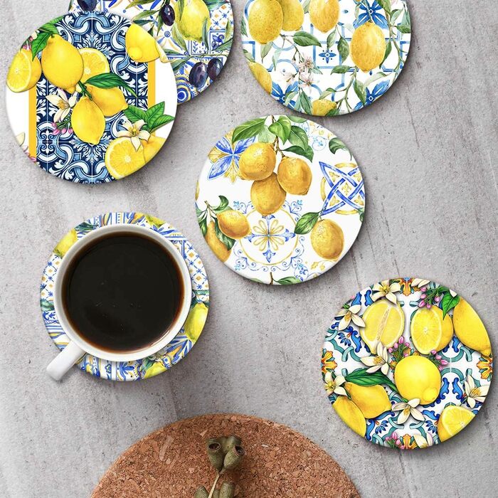Drink coasters, set of 6, yellow lemon, fruit, blue ceramic tiles, pattern, absorbent, square, ceramic stone mat, with cork backing and metal holder, housewarming gift, (lemon)