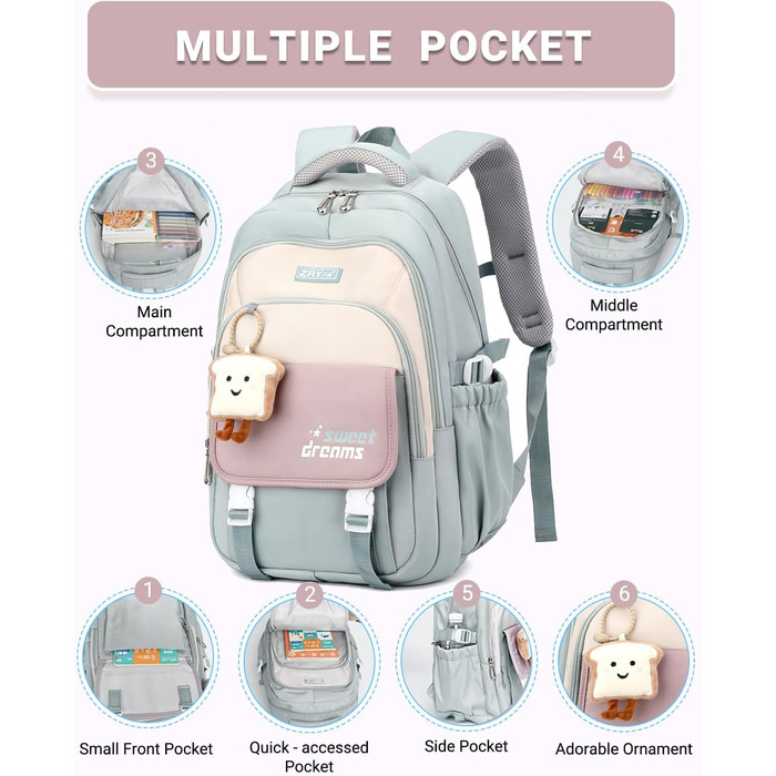 Дитячий рюкзак для дівчаток 2-10 класів, 32L | Легкий, з дихаючою спинкою та м'якими лямками | Рюкзак для підлітка 8+ років (Небесно-блакитний)