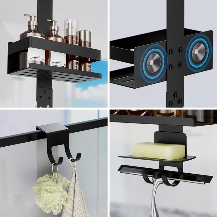 Поличка для душу без свердління, органайзер для ванної кімнати, чорна. Регульована поличка для шампуню та аксесуарів.
