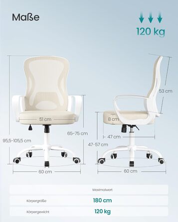 Офісний стіл SONGMICS, ергономічне крісло з сіткою, з підтримкою попереку, регульована спинка та підголівник, для дому та офісу, OBN041B01 (пісочний беж)