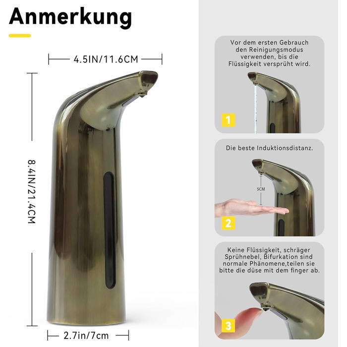 Автоматичний безконтактний дозатор мила з 4 рівнями регулювання, 400 мл, електричний, на батарейках, для встановлення на стіл, з інфрачервоним датчиком (Бронзовий), 400 мл, Бронза