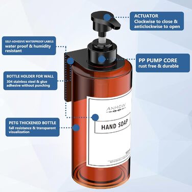 Набір дозаторів для мила настінний, 4шт. Без свердління, 500мл, коричневий. Етикетки в комплекті для душу/кухні/ванної кімнати