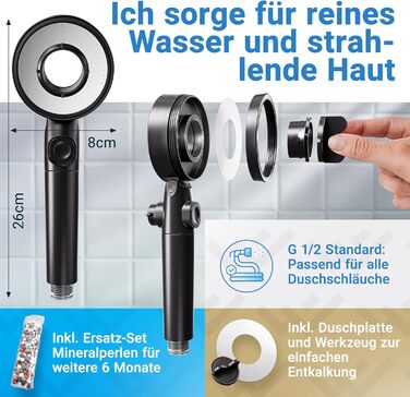 LOVENSWORK Shower Head with Filter [3 Modes - incl. Booster] Water-saving shower head with mineral pearls | Handheld shower, shower head, shower in black incl. tool, replacement pearls & stainless steel plate