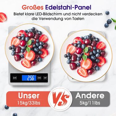 Кухонні ваги цифрові 15 кг, перезаряджувані, з LCD-дисплеєм та функцією тарування, водонепроникні, преміум-якість, чорний/білий