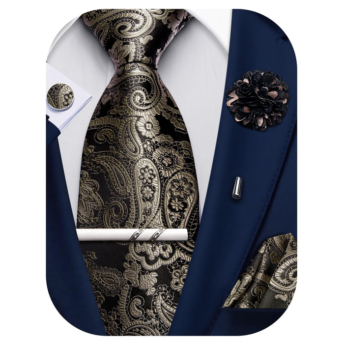 Набір краваток для чоловіків: краватка, нагрудна хустинка, краватки-слейв, краватки-кліпси, запонки, шпилька, 5 шт. (чорний та темно-золотий)