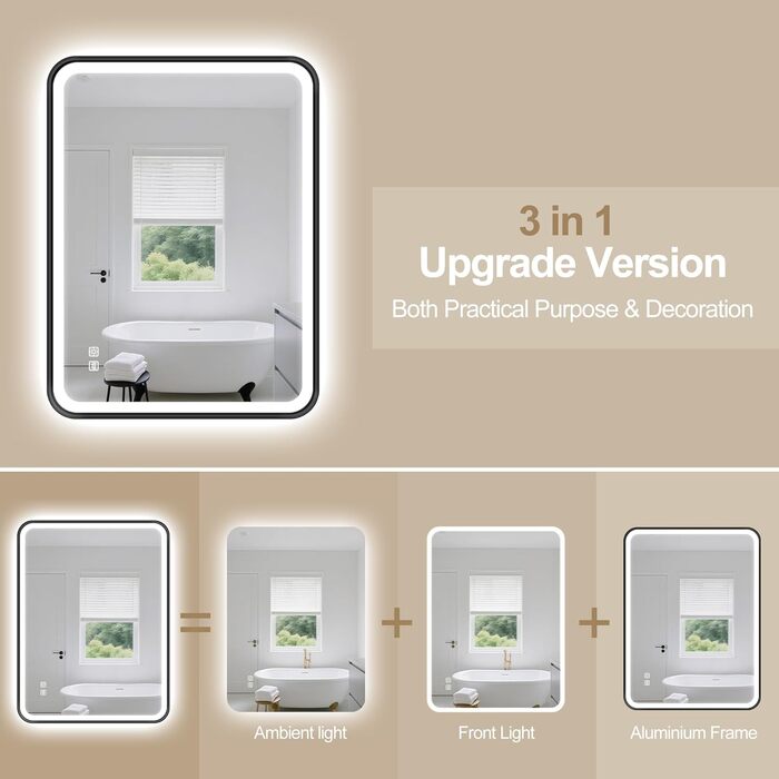 Дзеркало для ванної кімнати S'bagno з підсвічуванням 100x70 см, з алюмінієвою рамою, антизапар, 3000-6500K, функція пам'яті, IP44, горизонтальне/вертикальне, чорне