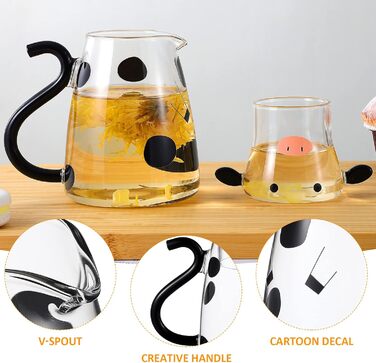 Cabilock Carafe Set with Glasses, Cute Glass Water Jug, Cute Cow Cold Juice Jug 550ml Glass Jug with Lid for Fruit Juice, Iced Tea, Milk, Cold Water Bottle, Glass Water Jug, Black, White