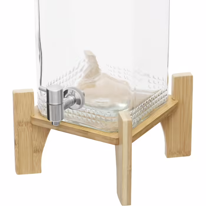 5L Drink Dispenser with Bamboo Stand, Glass Drink Dispenser with Stainless Steel Tap and Lid, Clear Lemonade/Drink/Water Dispenser for Iced Juices, Water