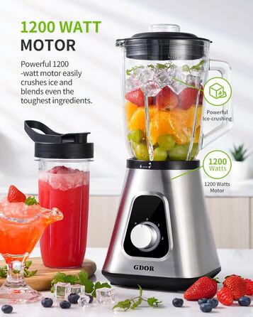 GDOR Standміксер 1200W з 1,5л скляною колбою та 650мл стаканчиком для напоїв. 3 швидкості, для смузі, шейків, соусів. Професійний міксер GDOR