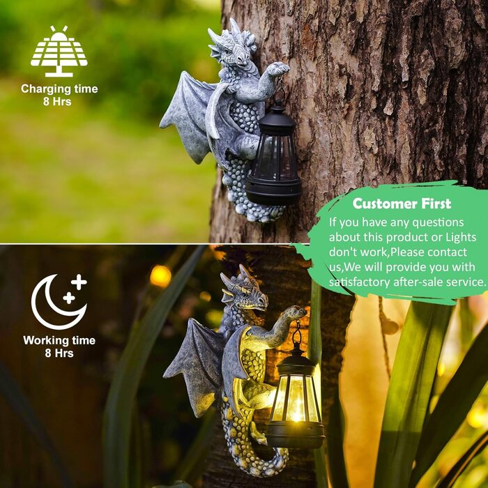 Yeomoo Dragon Figures with Solar Lamps Tree Trunk Garden Decor for Outdoors: Funny Dragon Garden Figures Decor with LED Solar String Lights Outdoor Gifts for Men/Women Garden Fence Tree Accessories Grey