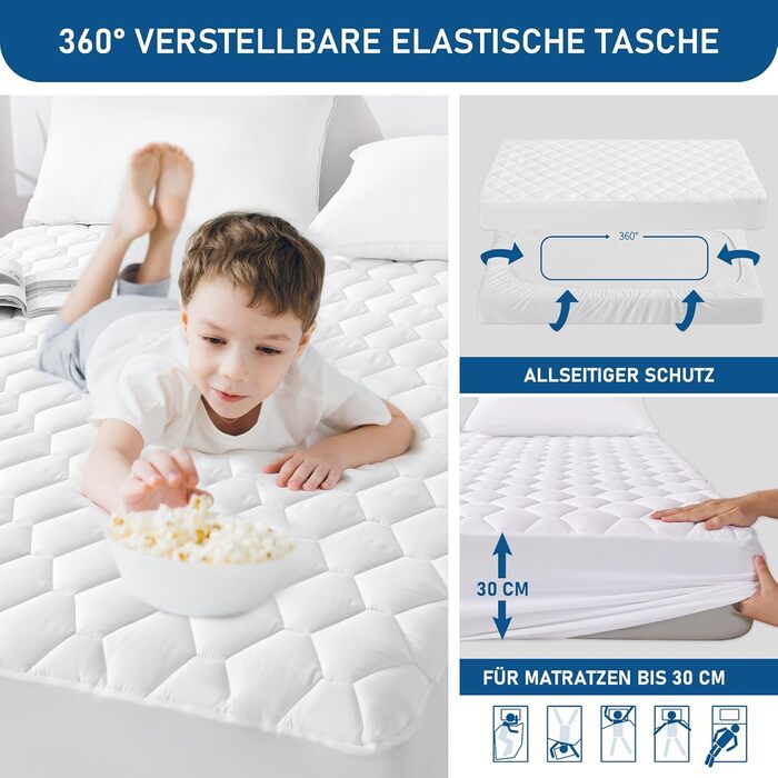 GRT Mattress Topper Mattress Protector 140x200cm, Waterproof Mattress Cover Breathable Fitted Sheet Topper, Fitted Sheet with Hexagonal Quilted Soundproof Material Topper Protector White
