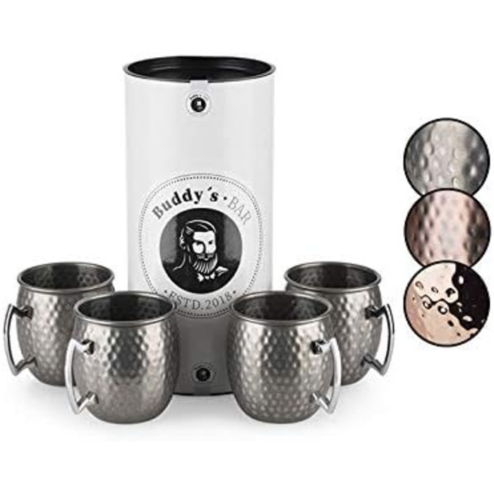 Набір для коктейлів Buddy's Bar Moscow Mule: 2 мідні келихи 500 мл, барна ложка 27 см, джигер 5 cl, чорна преса для лайма, подарункова упаковка, харчова нержавіюча сталь, 4 предмети