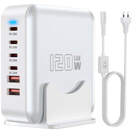 Швидкий зарядний пристрій USB-C GaN Hub 120W, 6 портів для iPad, iPhone 17/16/15/14/13/12 Pro Max, Samsung Galaxy S23 - Білий