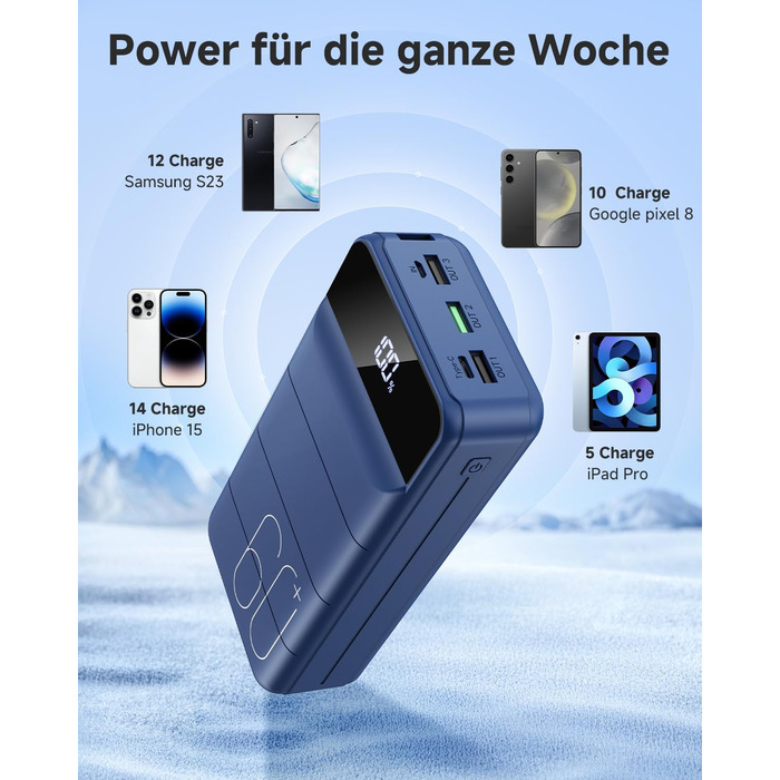Power Bank 60000mAh 22,5W USB-C: Зовнішній акумулятор для смартфонів, планшетів, блакитний