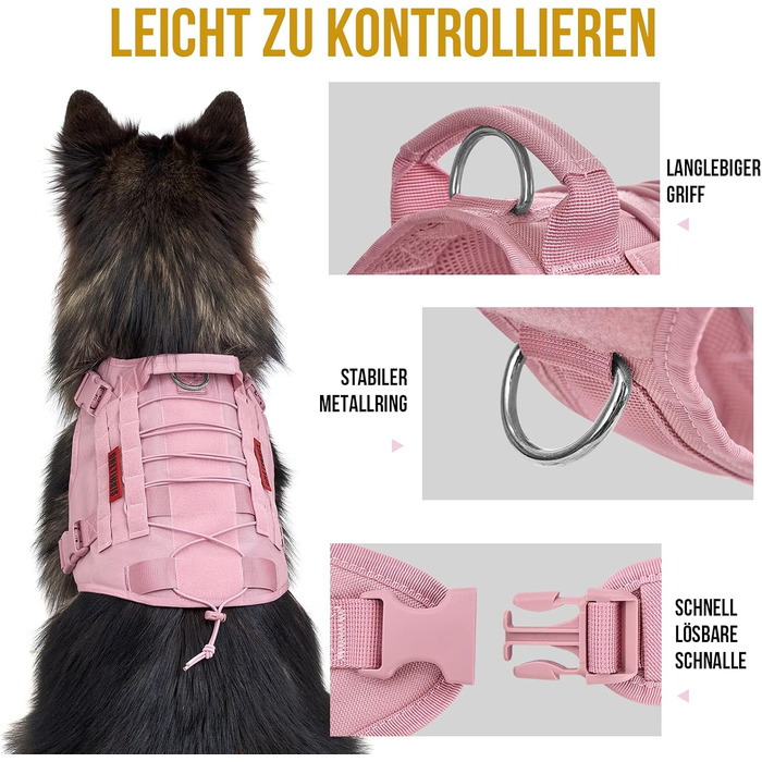 Нагрудник для собак OneTigris FIRE Watcher тактичний, безпечний, з 1 ручкою та 2 D-кільцями, 1000D нейлон (рожевий, XS)