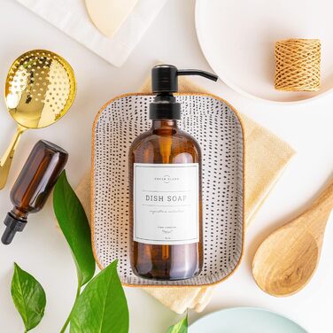 Bernstein Glass Soap Dispensers, 2 Pack, Thick 473 ml Bottles, Stainless Steel Pump, Modern Farmhouse Vintage Glass, Kitchen, with Waterproof Labels (Round Oiled Bronze)