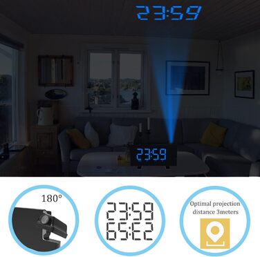 VORRINC Projection Alarm Clock, Digital Alarm Radio with 180° Projection, USB Port, Dual Alarms, Snooze, 12/24H, 3 Projection Brightness with Automatic Dimmer, for Bedroom Ceiling (Blue)